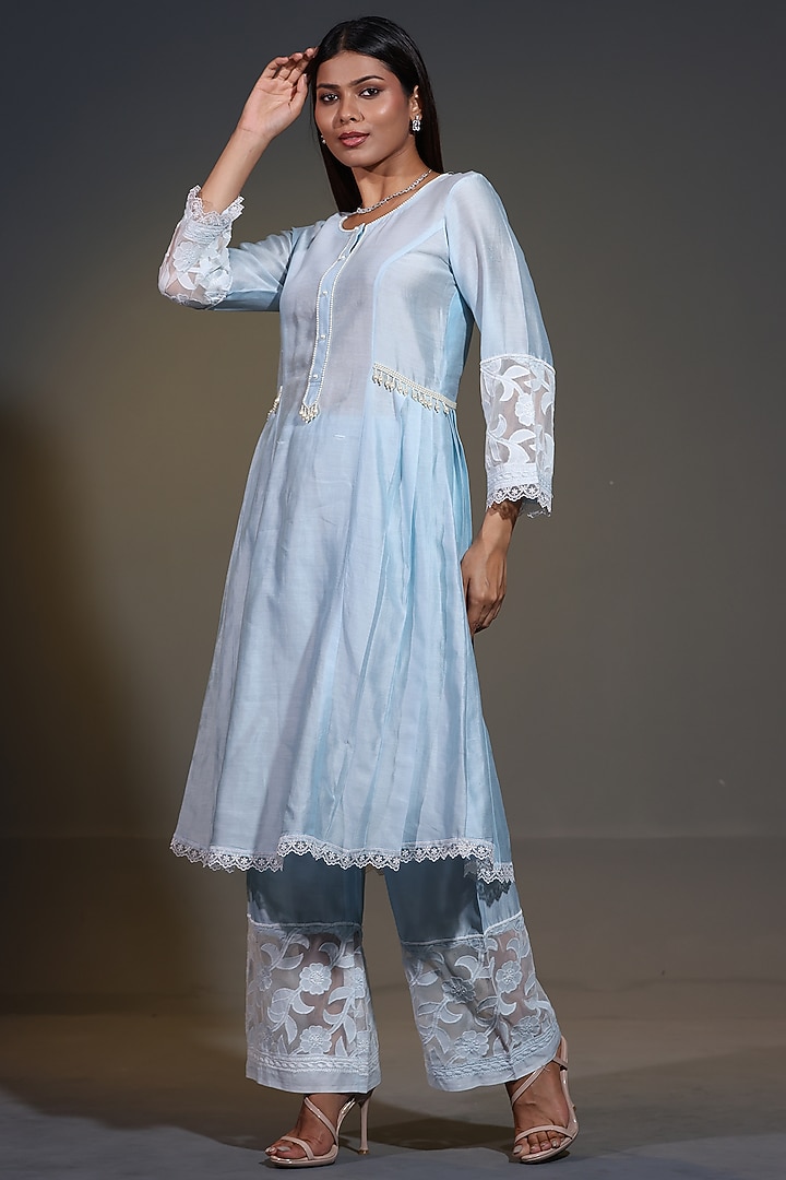 Blue Pure Chanderi Silk Applique Cutwork A-Line Kurta Set by Shweta Dabas at Pernia's Pop Up Shop