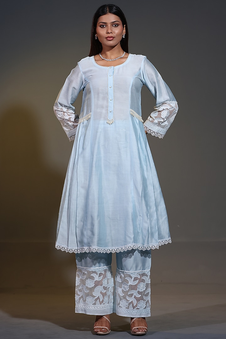 Blue Pure Chanderi Silk Applique Cutwork A-Line Kurta Set by Shweta Dabas at Pernia's Pop Up Shop
