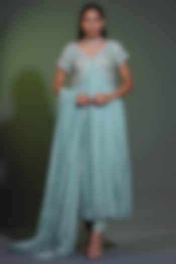 Sage Blue Pure Georgette Pearl Hand Embellished Wedding Anarkali Set by Shweta Dabas at Pernia's Pop Up Shop