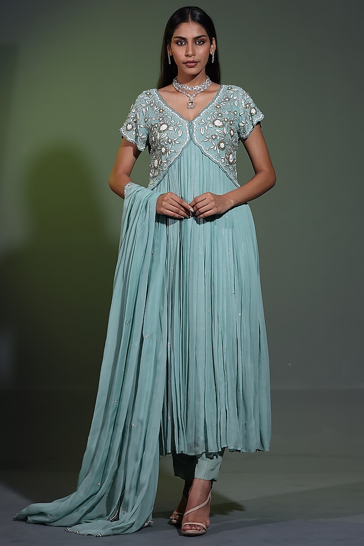 Sage Blue Pure Georgette Pearl Hand Embellished Wedding Anarkali Set by Shweta Dabas at Pernia's Pop Up Shop