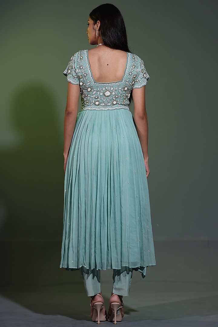 Sage Blue Pure Georgette Pearl Hand Embellished Wedding Anarkali Set by Shweta Dabas at Pernia's Pop Up Shop