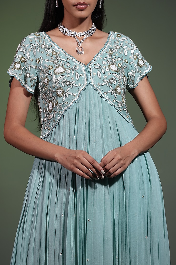 Sage Blue Pure Georgette Pearl Hand Embellished Wedding Anarkali Set by Shweta Dabas at Pernia's Pop Up Shop