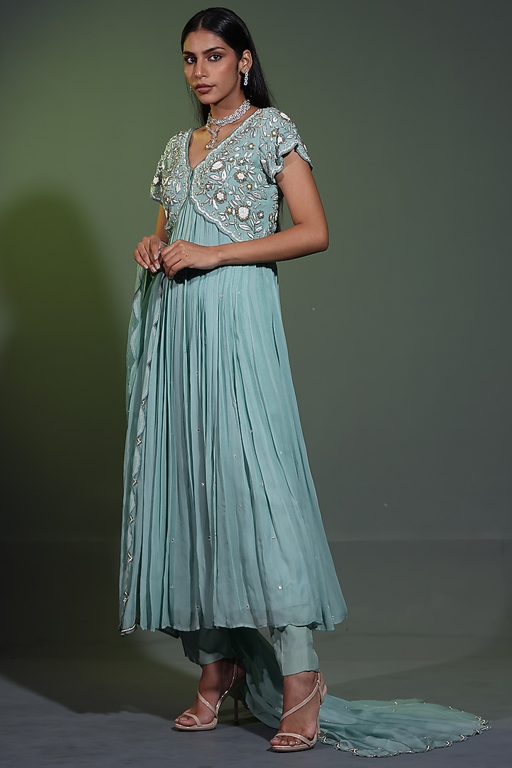 Sage Blue Pure Georgette Pearl Hand Embellished Wedding Anarkali Set by Shweta Dabas at Pernia's Pop Up Shop