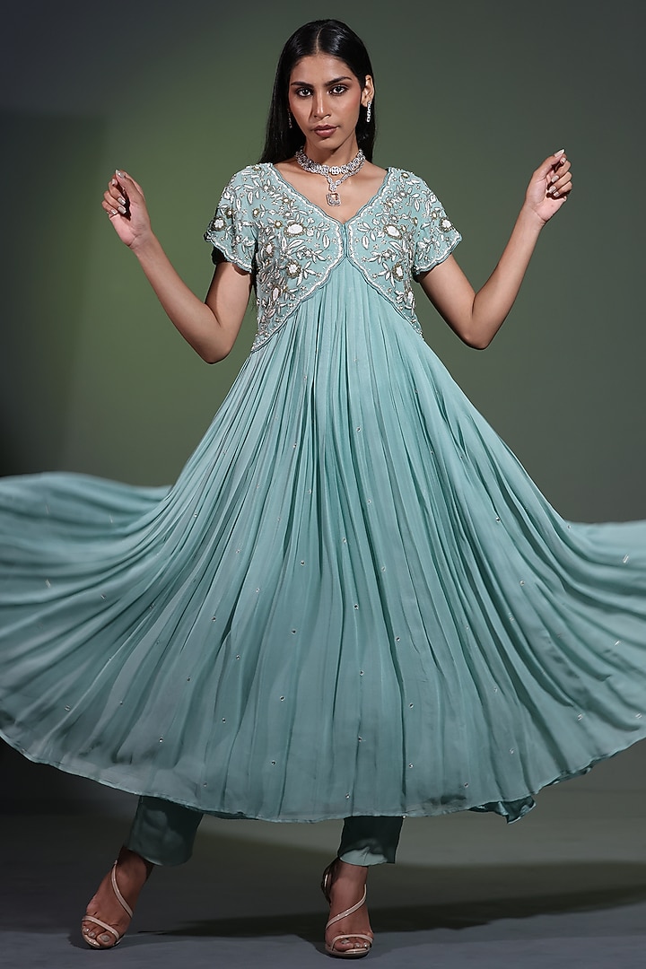 Sage Blue Pure Georgette Pearl Hand Embellished Wedding Anarkali Set by Shweta Dabas at Pernia's Pop Up Shop