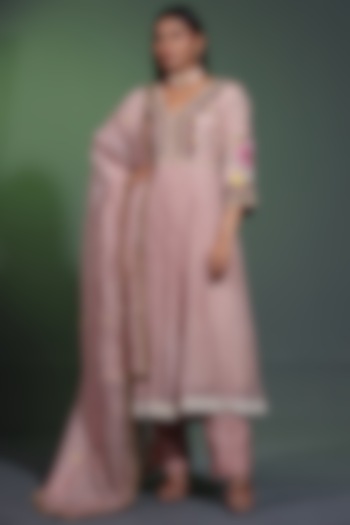 Nude Peach Mulmul Hand Embroidered Wedding Anarkali Set by Shweta Dabas at Pernia's Pop Up Shop