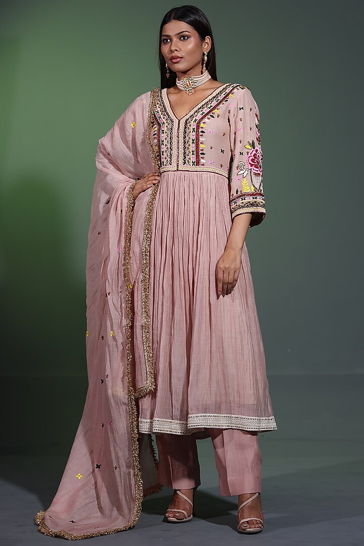 Nude Peach Mulmul Hand Embroidered Wedding Anarkali Set by Shweta Dabas at Pernia's Pop Up Shop