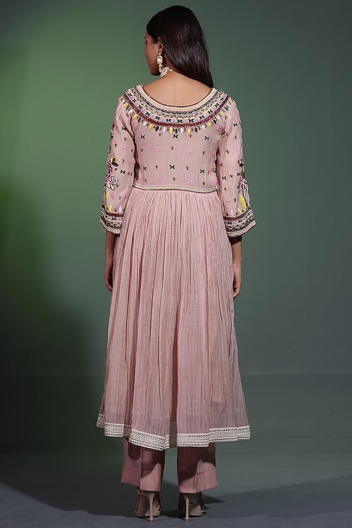 Nude Peach Mulmul Hand Embroidered Wedding Anarkali Set by Shweta Dabas at Pernia's Pop Up Shop