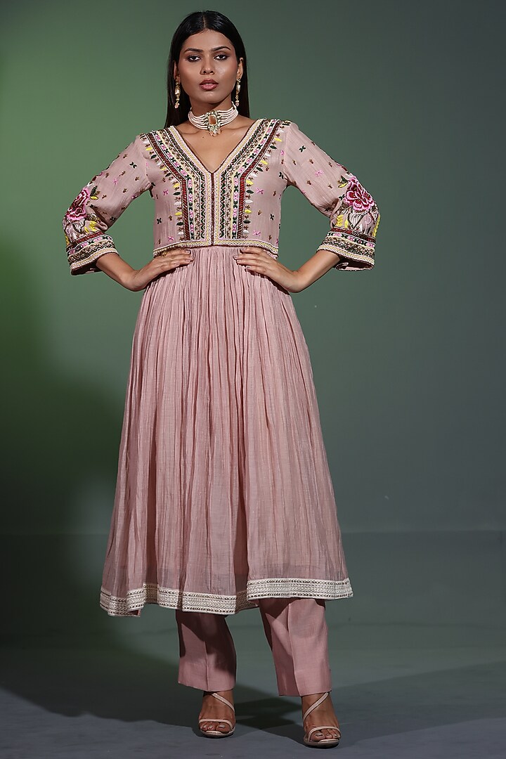 Nude Peach Mulmul Hand Embroidered Wedding Anarkali Set by Shweta Dabas at Pernia's Pop Up Shop