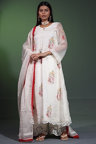 White Organza Mukaish Embroidered A-Line Kurta Set by Shweta Dabas