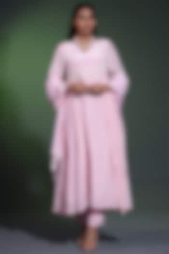 Powder Pink Crepe Pearl Handwork Party Wear Anarkali Set by Shweta Dabas at Pernia's Pop Up Shop