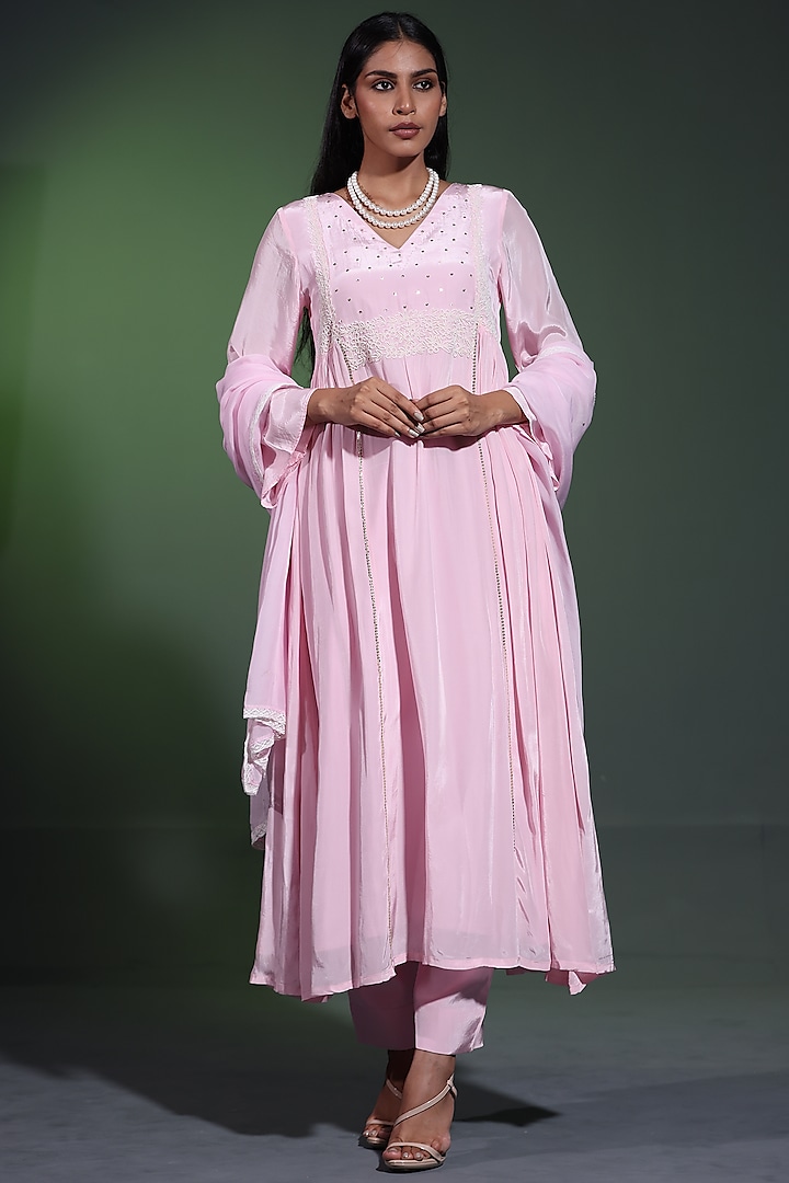 Powder Pink Crepe Pearl Handwork Party Wear Anarkali Set by Shweta Dabas at Pernia's Pop Up Shop