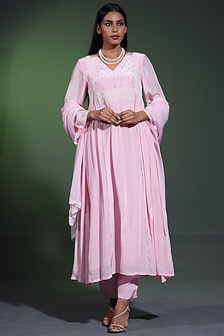 Powder Pink Crepe Pearl Handwork Anarkali Set by Shweta Dabas