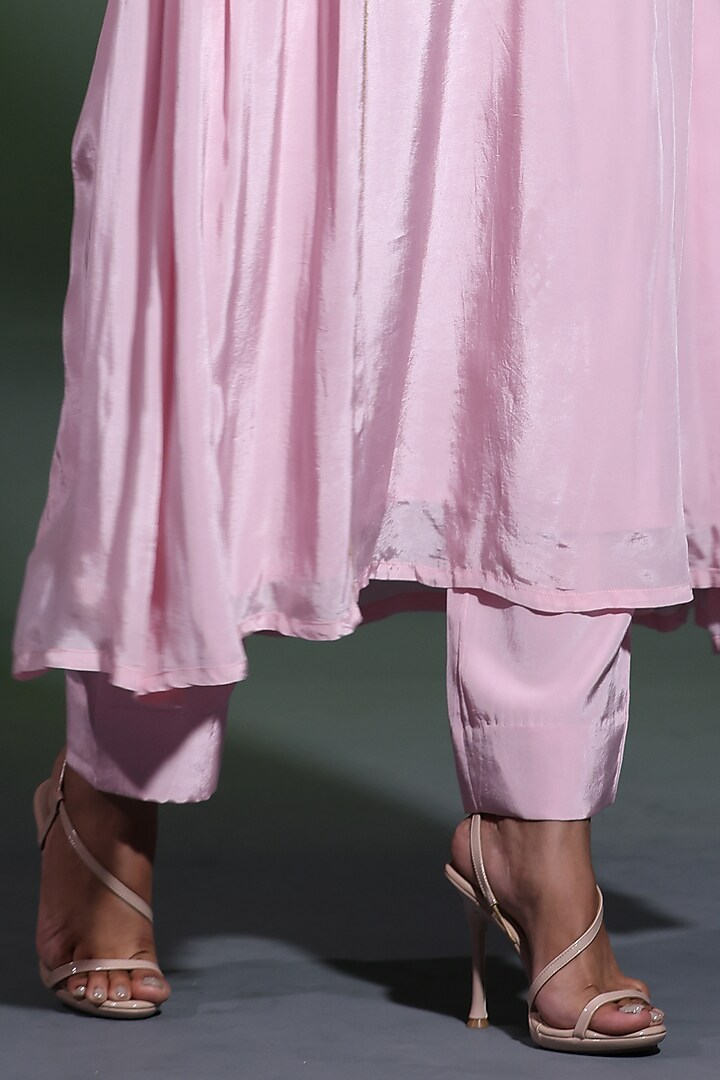Powder Pink Crepe Pearl Handwork Party Wear Anarkali Set by Shweta Dabas at Pernia's Pop Up Shop