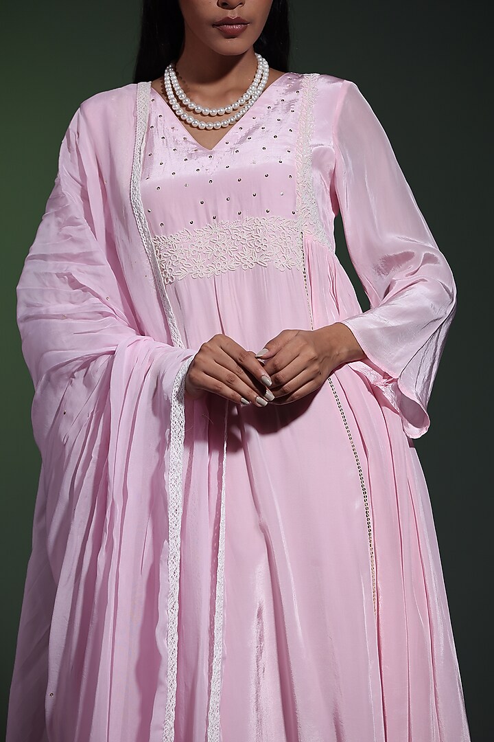 Powder Pink Crepe Pearl Handwork Party Wear Anarkali Set by Shweta Dabas at Pernia's Pop Up Shop