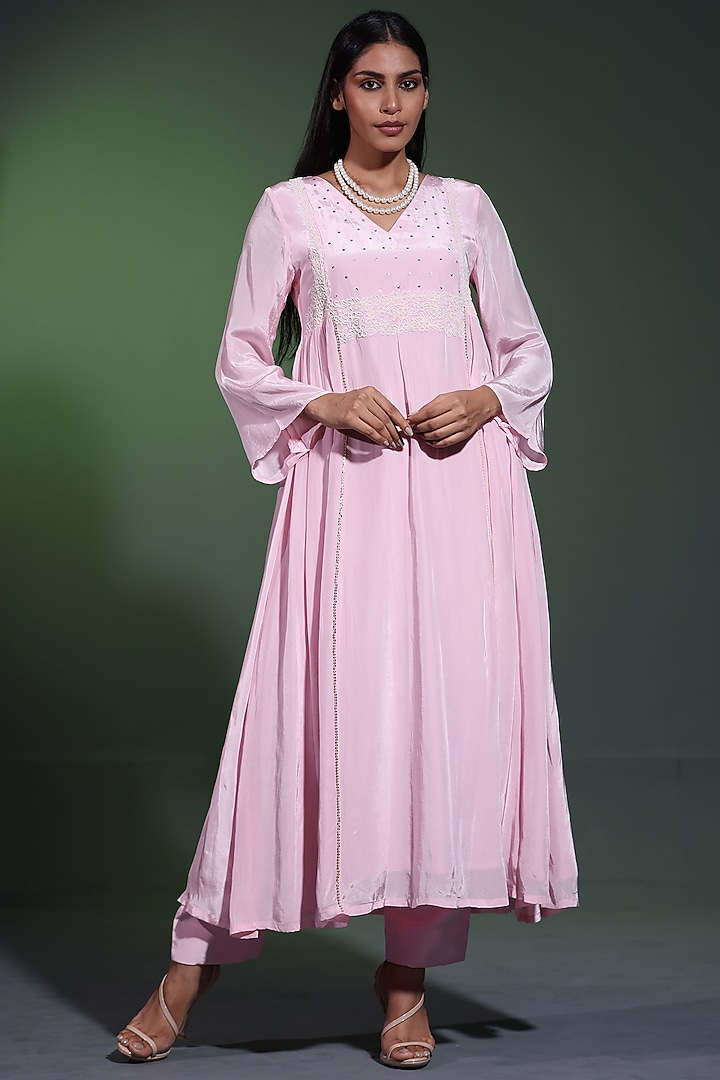 Powder Pink Crepe Pearl Handwork Party Wear Anarkali Set by Shweta Dabas at Pernia's Pop Up Shop