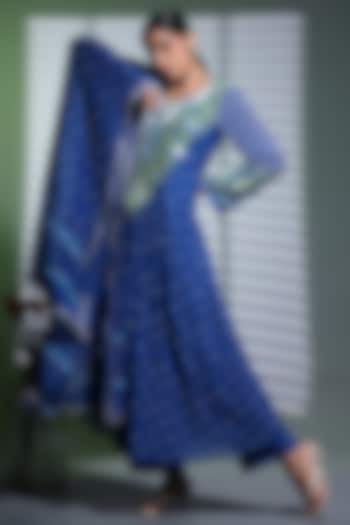 Royal Blue Mulmul Lucknowi Chikankari Hand Embroidered Wedding Anarkali Set by Shweta Dabas at Pernia's Pop Up Shop