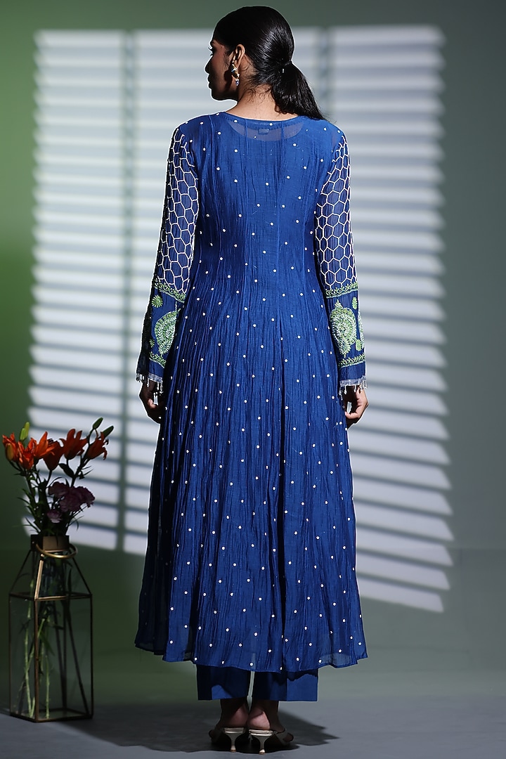 Royal Blue Mulmul Lucknowi Chikankari Hand Embroidered Wedding Anarkali Set by Shweta Dabas at Pernia's Pop Up Shop