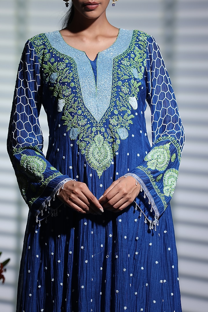Royal Blue Mulmul Lucknowi Chikankari Hand Embroidered Wedding Anarkali Set by Shweta Dabas at Pernia's Pop Up Shop