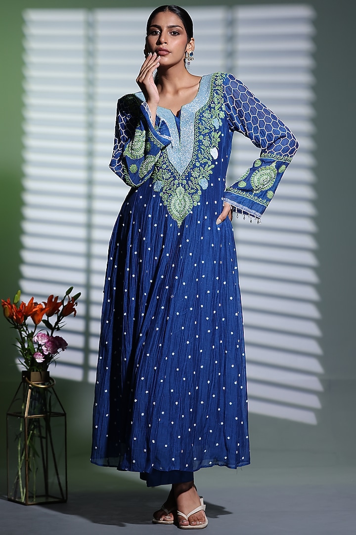 Royal Blue Mulmul Lucknowi Chikankari Hand Embroidered Wedding Anarkali Set by Shweta Dabas at Pernia's Pop Up Shop