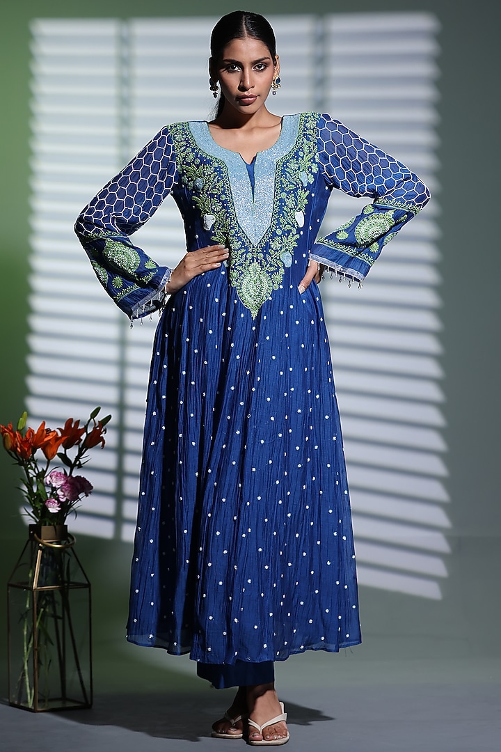 Royal Blue Mulmul Lucknowi Chikankari Hand Embroidered Wedding Anarkali Set by Shweta Dabas at Pernia's Pop Up Shop