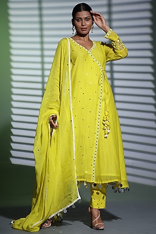 Neon Green Mulmul Hand Embroidered A-Line Kurta Set by Shweta Dabas
