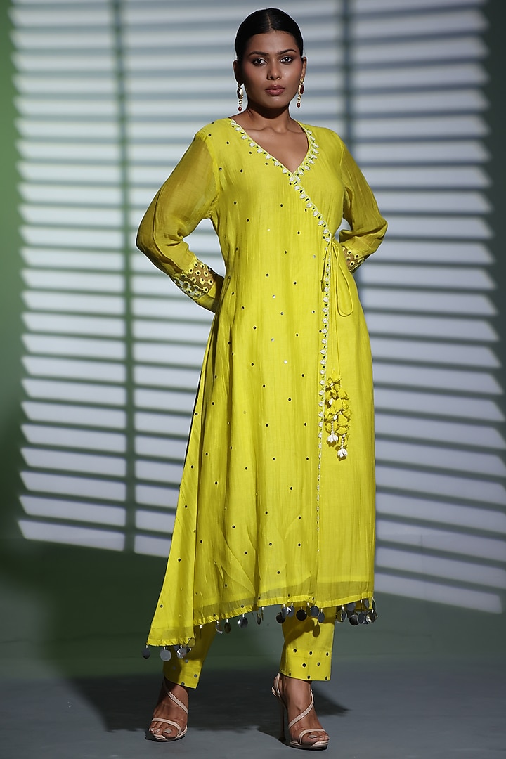 Neon Green Mulmul Hand Embroidered A-Line Kurta Set by Shweta Dabas at Pernia's Pop Up Shop