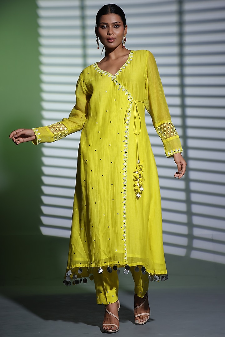 Neon Green Mulmul Hand Embroidered A-Line Kurta Set by Shweta Dabas at Pernia's Pop Up Shop