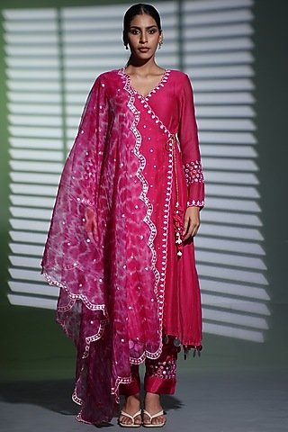 Pink Mulmul Hand Embroidered A-Line Kurta Set by Shweta Dabas