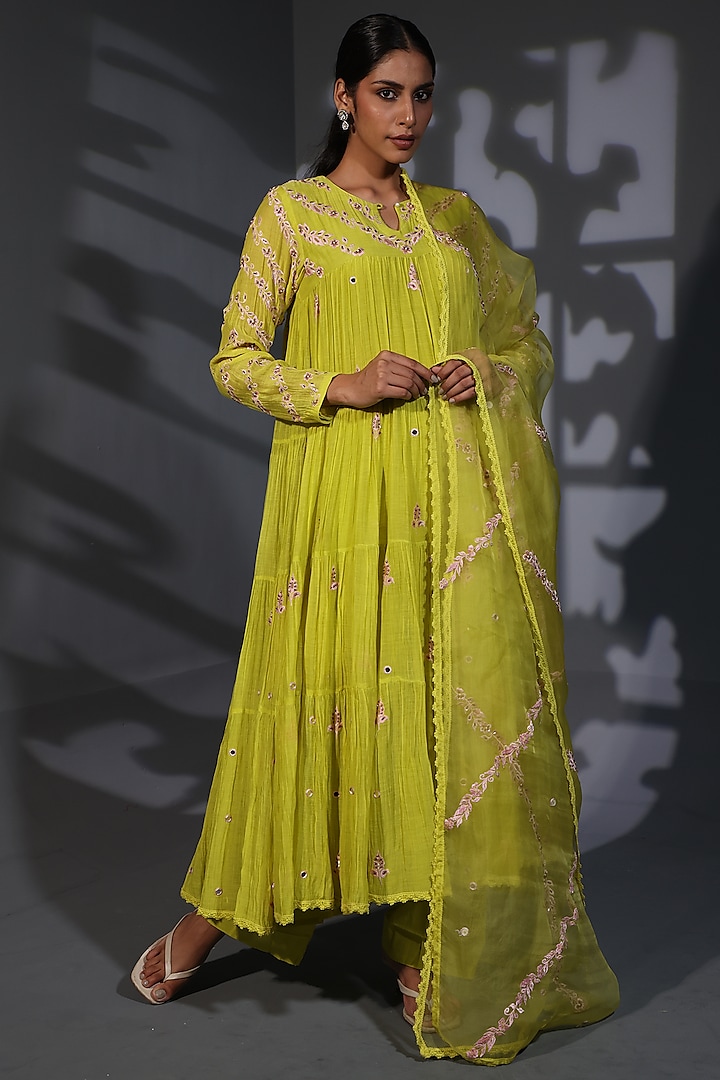 Neon green Mulmul Hand Embroidered Tiered Wedding Anarkali Set by Shweta Dabas at Pernia's Pop Up Shop