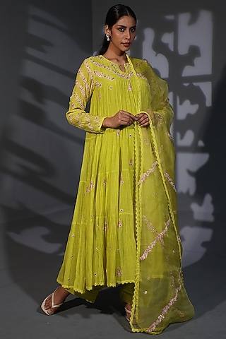 Neon green Mulmul Hand Embroidered Tiered Anarkali Set by Shweta Dabas