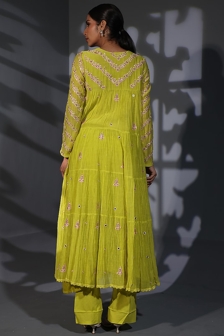 Neon green Mulmul Hand Embroidered Tiered Wedding Anarkali Set by Shweta Dabas at Pernia's Pop Up Shop