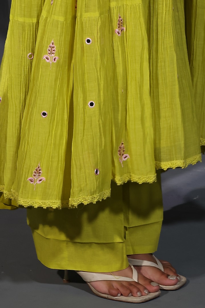 Neon green Mulmul Hand Embroidered Tiered Wedding Anarkali Set by Shweta Dabas at Pernia's Pop Up Shop