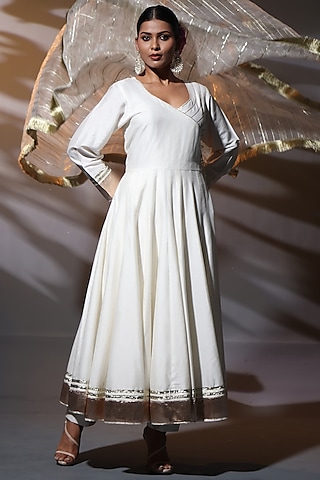 Ivory Cotton Silk Gota Work Kalidar Anarkali Set by Shweta Dabas