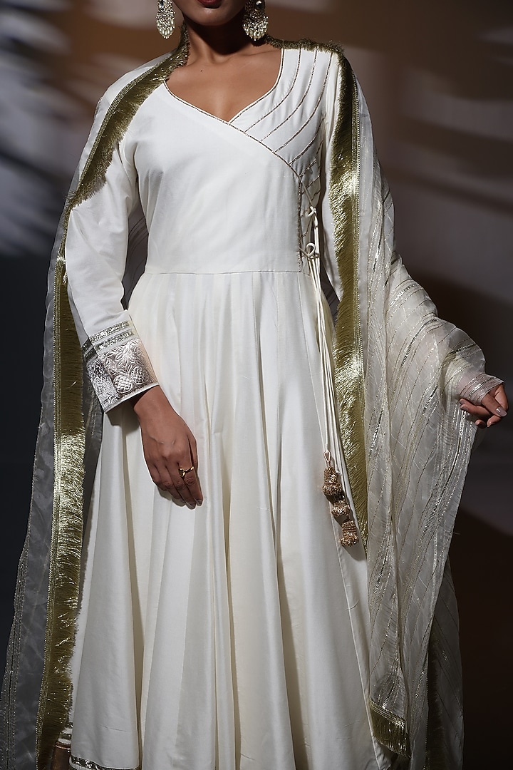 Ivory Cotton Silk Gota Work Kalidar Wedding Anarkali Set by Shweta Dabas at Pernia's Pop Up Shop