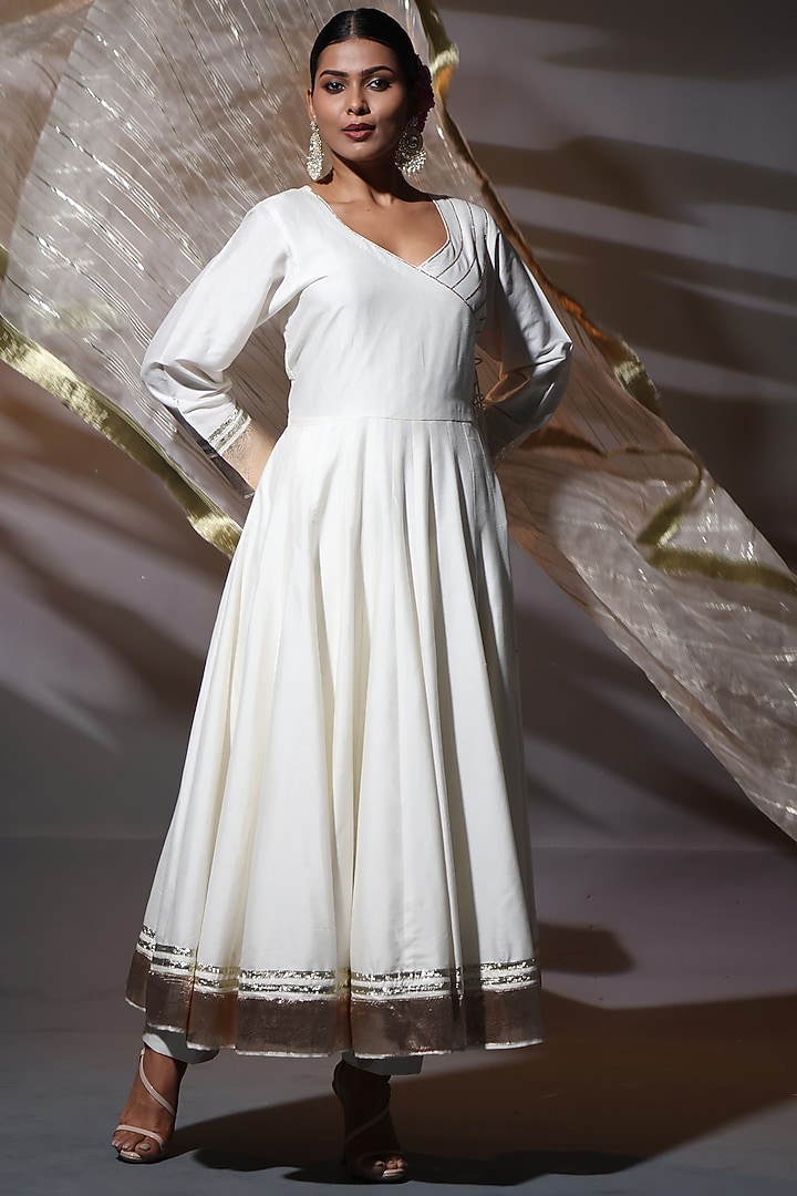 Ivory Cotton Silk Gota Work Kalidar Wedding Anarkali Set by Shweta Dabas at Pernia's Pop Up Shop