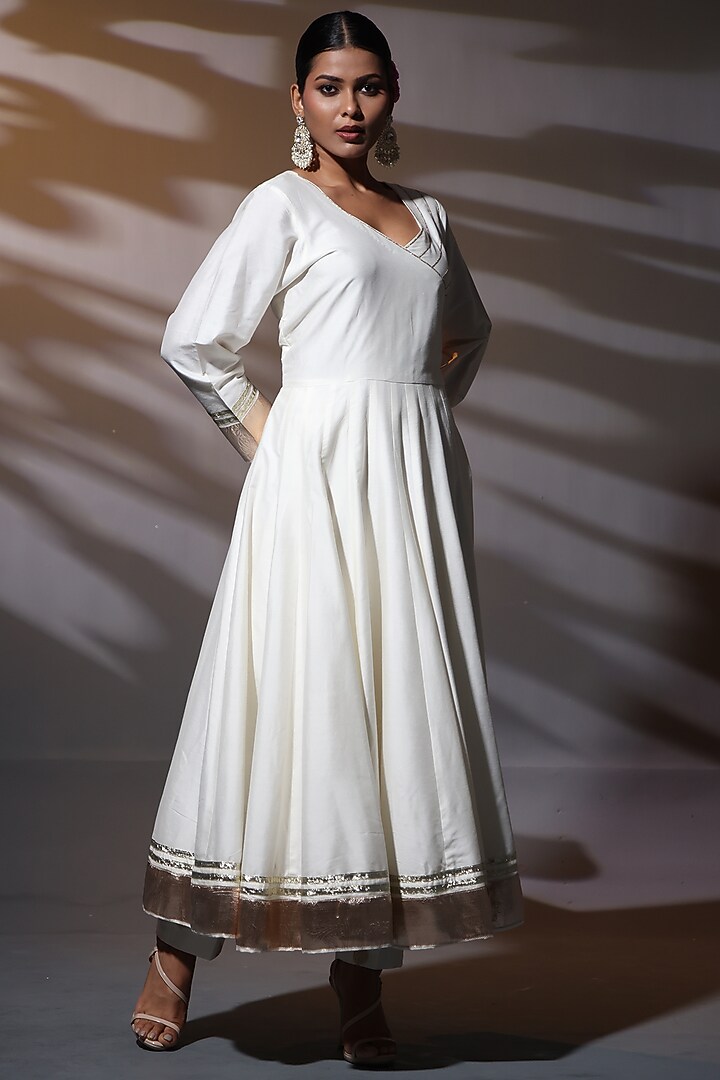 Ivory Cotton Silk Gota Work Kalidar Wedding Anarkali Set by Shweta Dabas at Pernia's Pop Up Shop