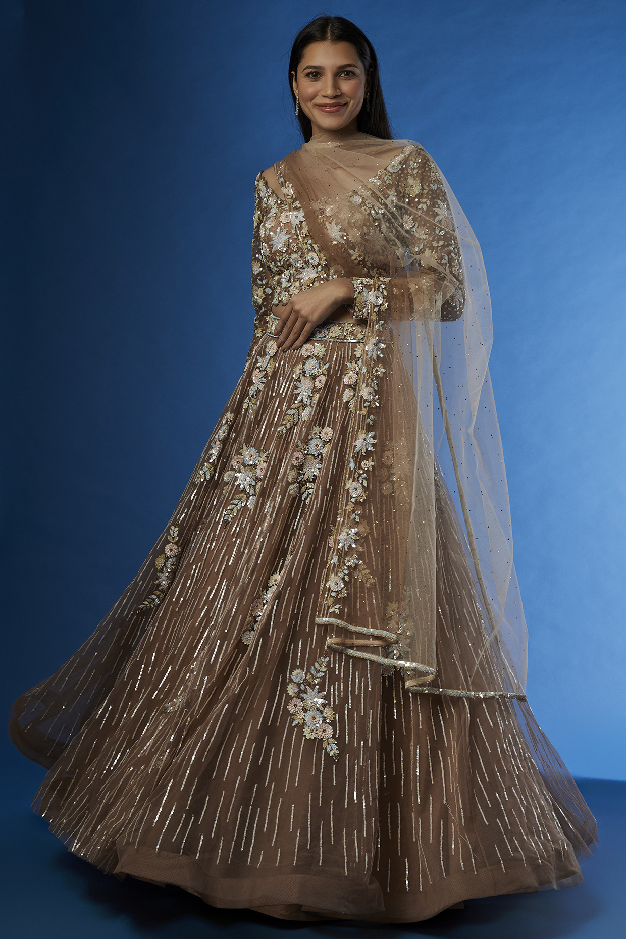 Beige Net Embroidered Wedding Lehenga Set by Shlok Design at Pernia's Pop Up Shop