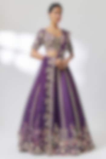 Purple Dupion Silk Zardosi Embroidered Bridal Lehenga Set by Shlok Design at Pernia's Pop Up Shop