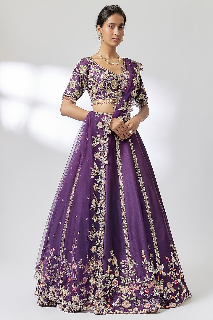 Purple Dupion Silk Zardosi Embroidered Bridal Lehenga Set by Shlok Design at Pernia's Pop Up Shop