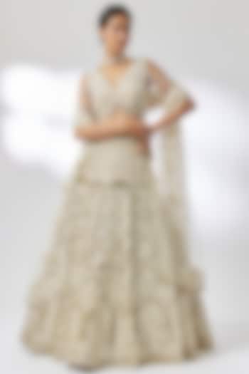 Ivory Net Kashmiri Thread Embroidered Wedding Lehenga Set by Shlok Design at Pernia's Pop Up Shop