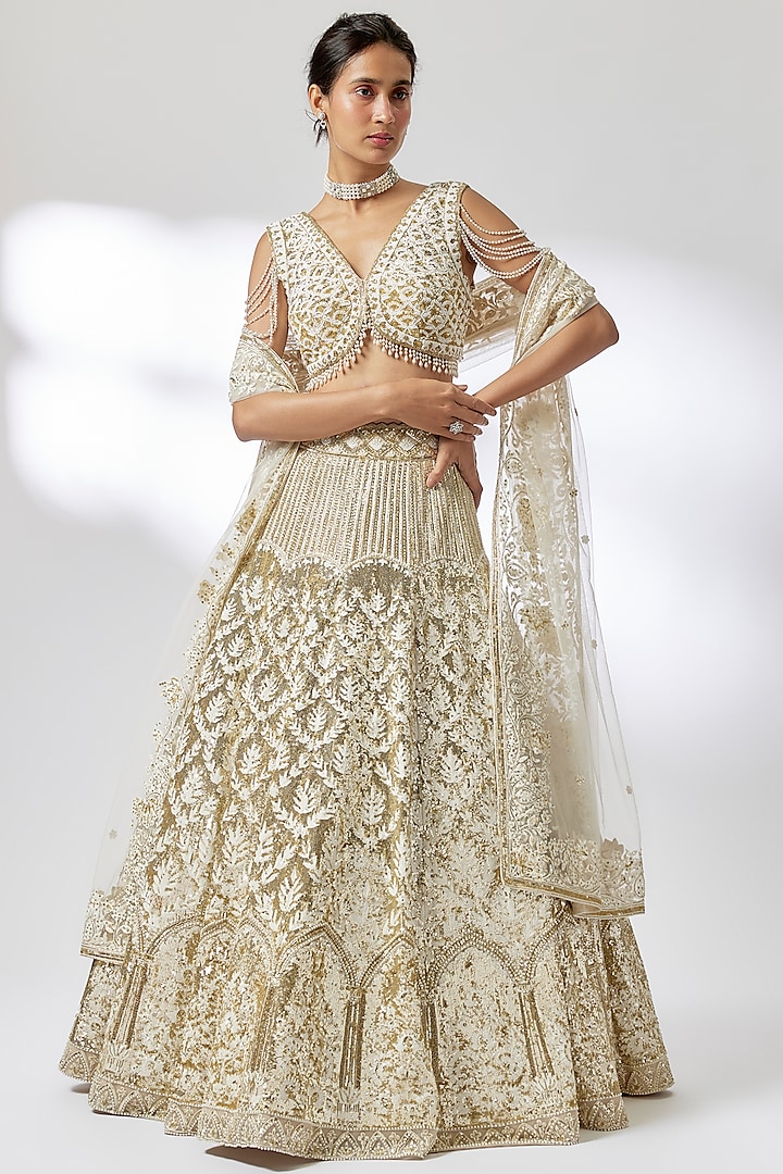 Ivory Net Kashmiri Thread Embroidered Wedding Lehenga Set by Shlok Design at Pernia's Pop Up Shop