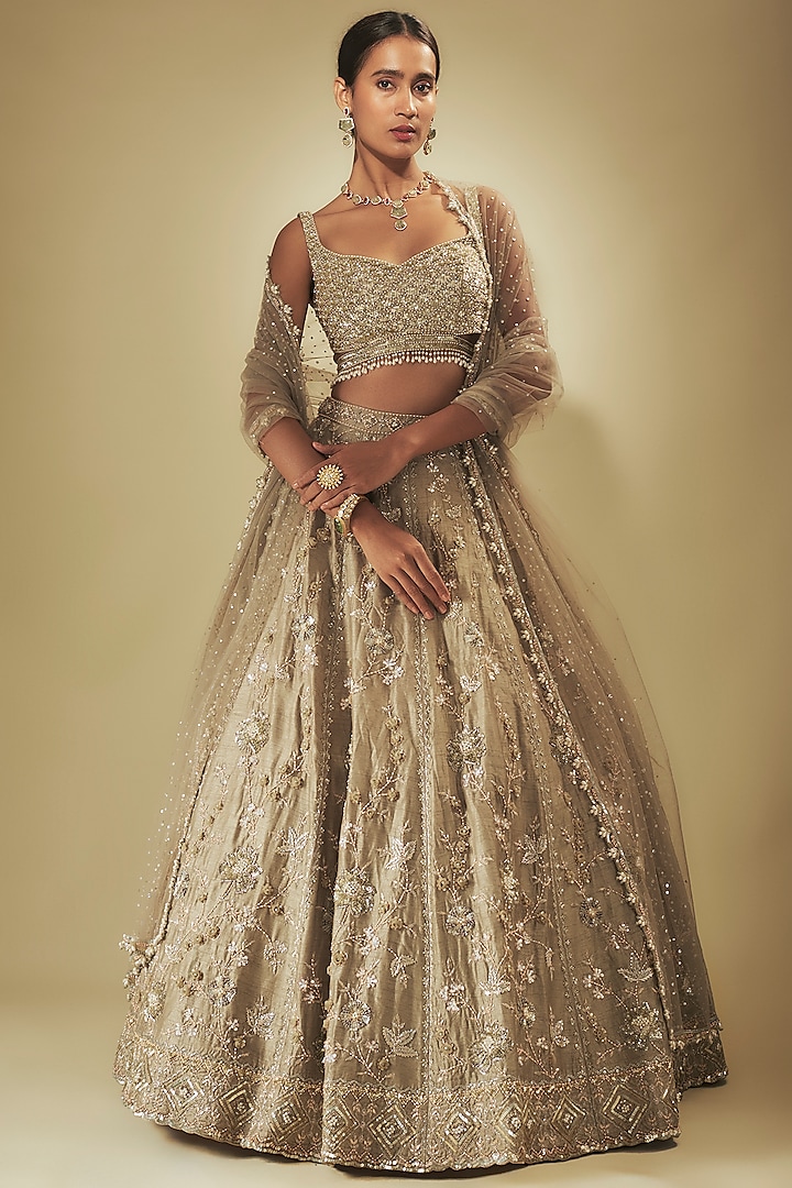 Green Dupion Zardosi Embroidered Wedding Lehenga Set by Shlok Design at Pernia's Pop Up Shop