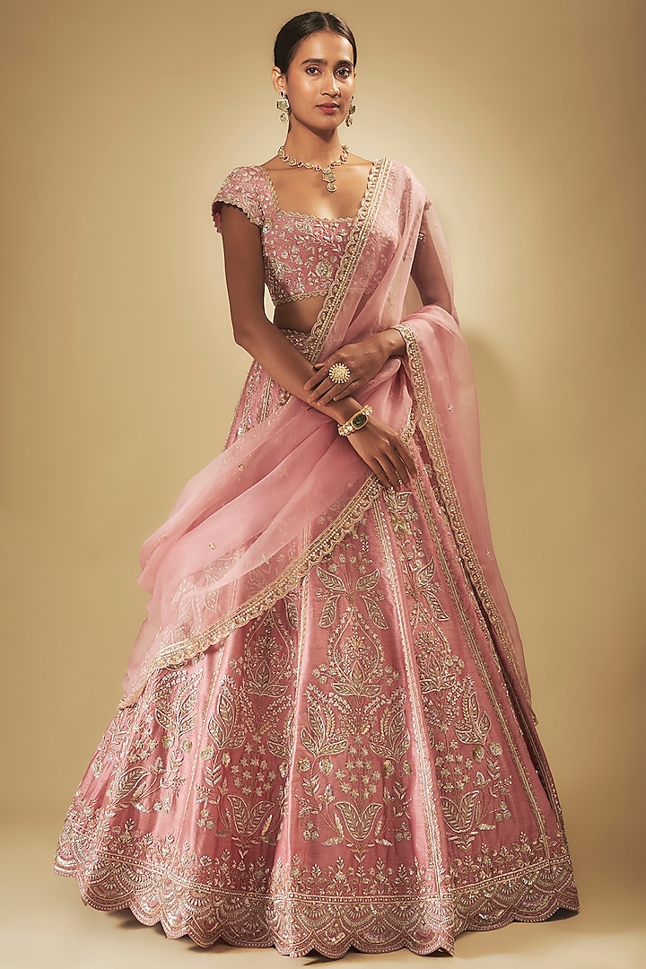 Pink Dupion Zardosi Hand Embroidered Bridal Lehenga Set by Shlok Design at Pernia's Pop Up Shop