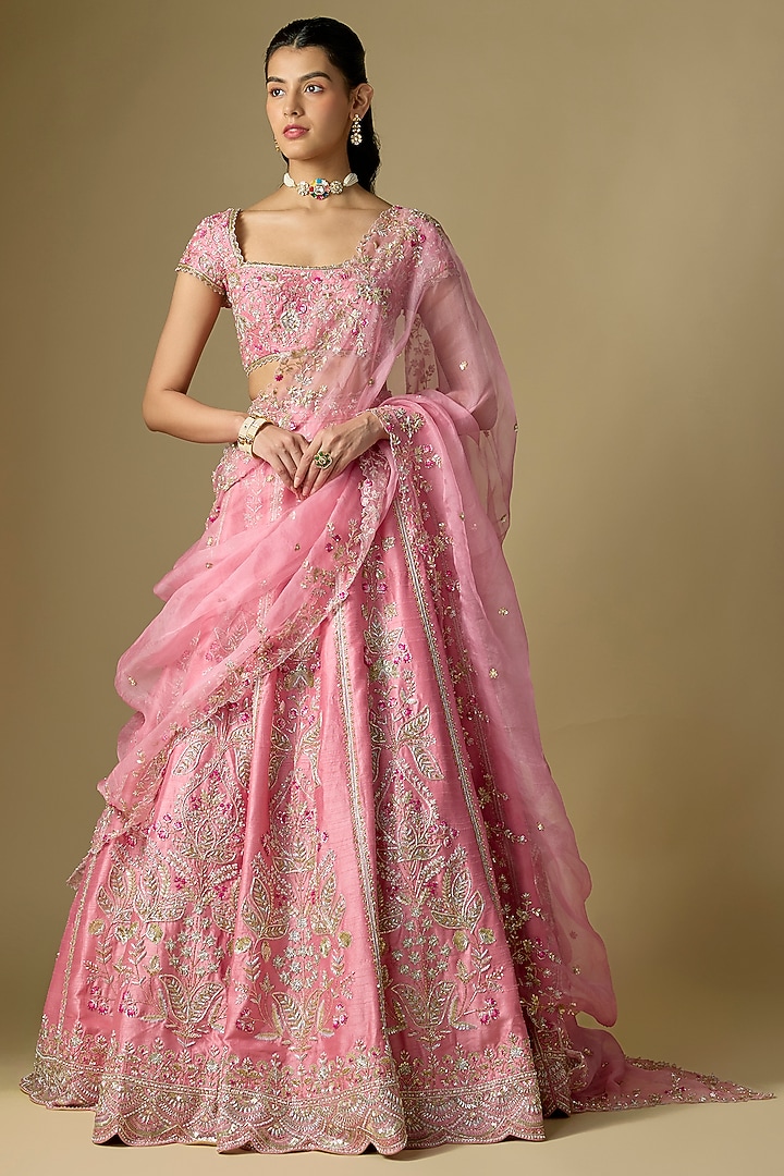 Pink Dupion Silk Zardosi Embroidered Bridal Lehenga Set by Shlok Design at Pernia's Pop Up Shop