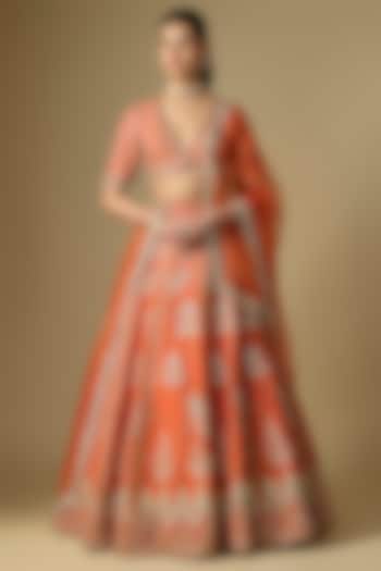 Rust Raw Silk Zardosi Embroidered Bridal Lehenga Set by Shlok Design at Pernia's Pop Up Shop