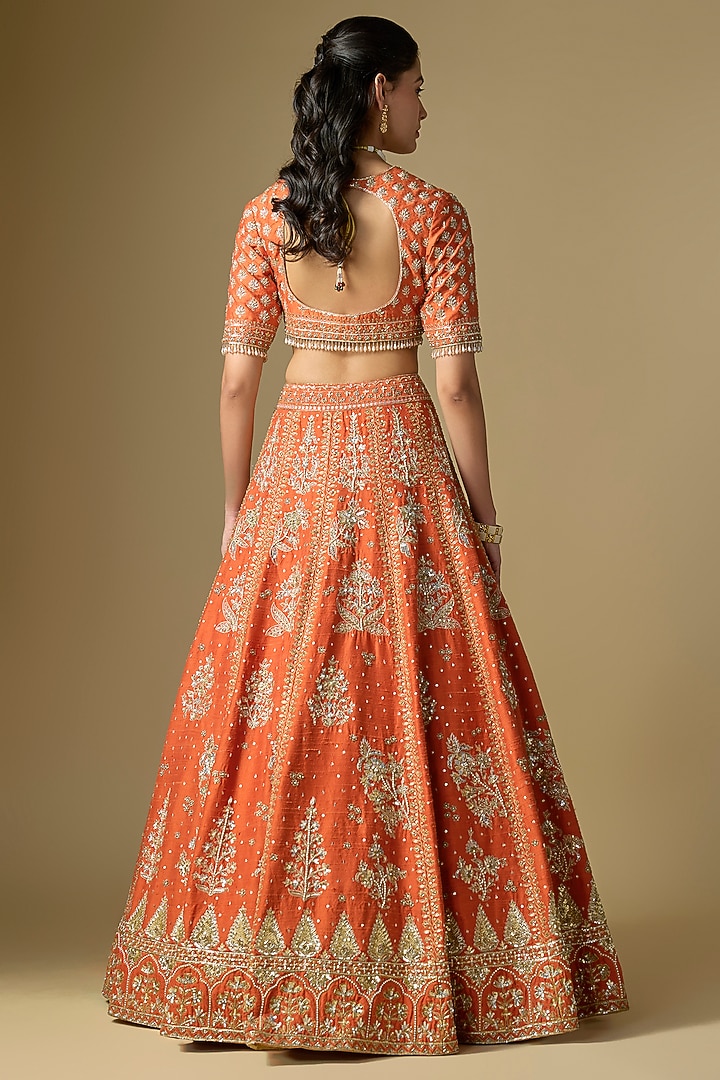 Rust Raw Silk Zardosi Embroidered Bridal Lehenga Set by Shlok Design at Pernia's Pop Up Shop
