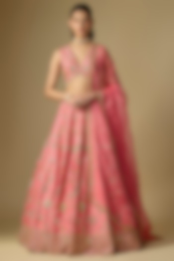 Coral Raw Silk Zardosi Embroidered Bridal Lehenga Set by Shlok Design at Pernia's Pop Up Shop