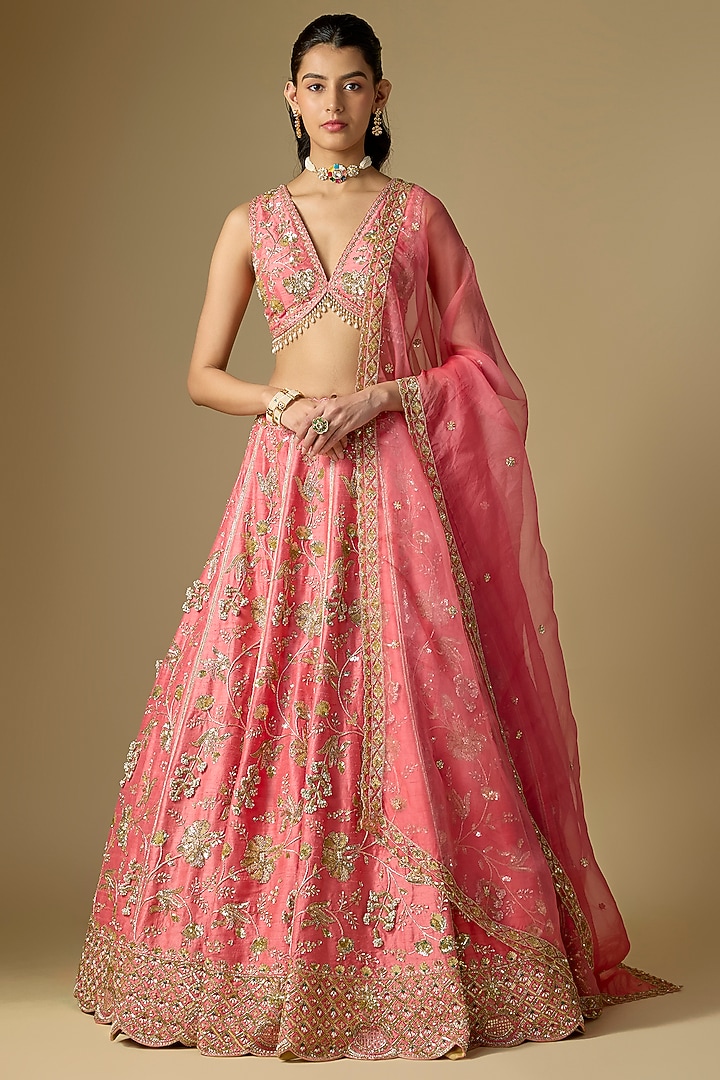 Coral Raw Silk Zardosi Embroidered Bridal Lehenga Set by Shlok Design at Pernia's Pop Up Shop