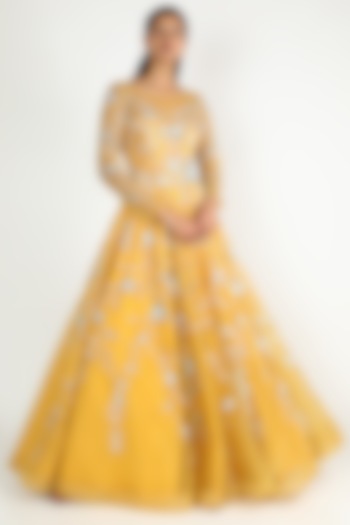 Yellow Net Gown With Jaal Work by Shlok Design