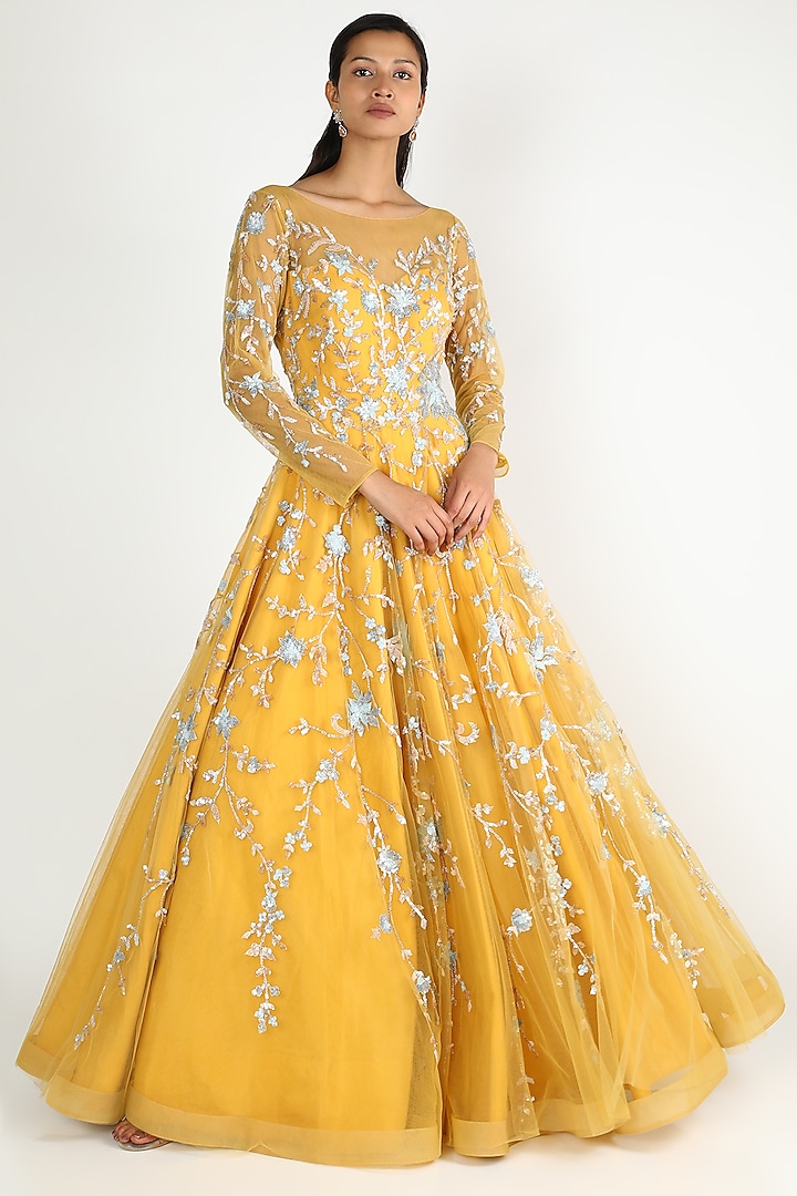 Yellow Net Gown With Jaal Work by Shlok Design